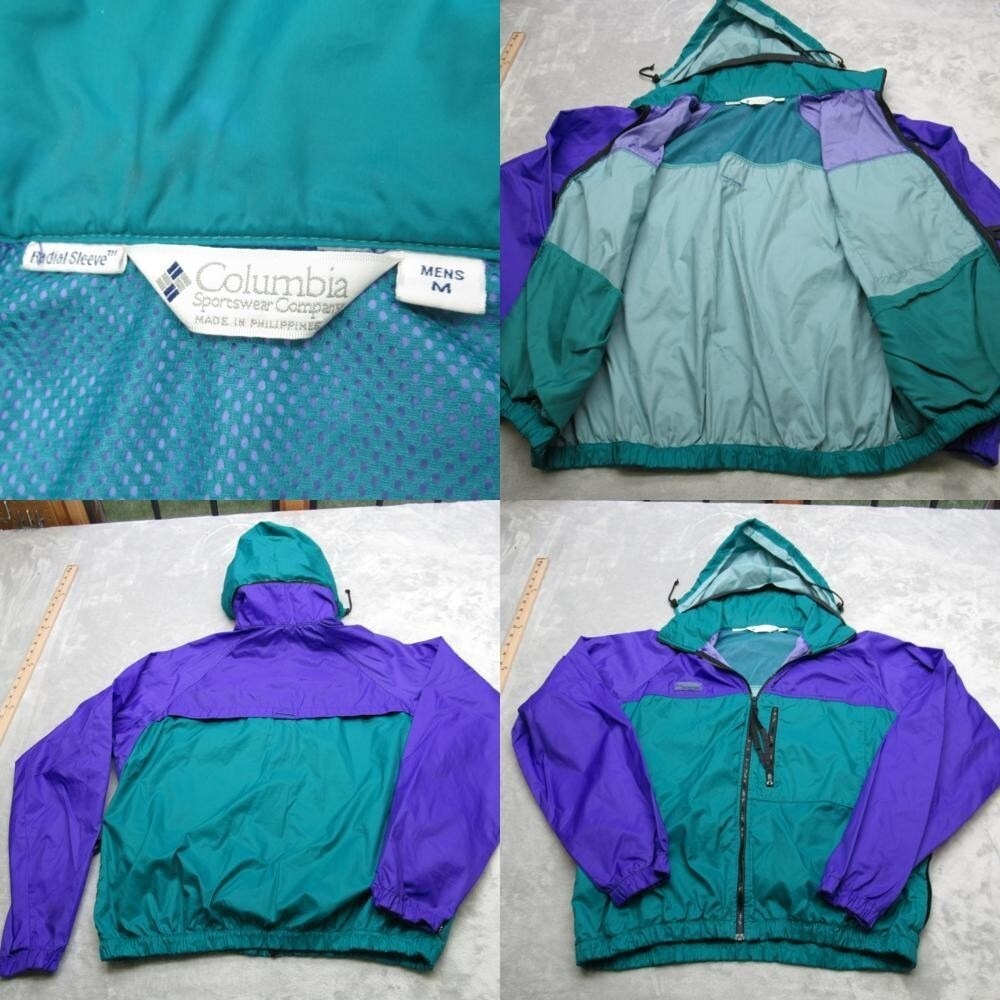 Columbia Jacket Men Medium Green Stow Hood Full Zip Windbreaker Radial VTG 90s